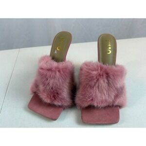 EGO Peazy Pink Faux Fur Square Toe Mules Stiletto Heels Women's Size 7